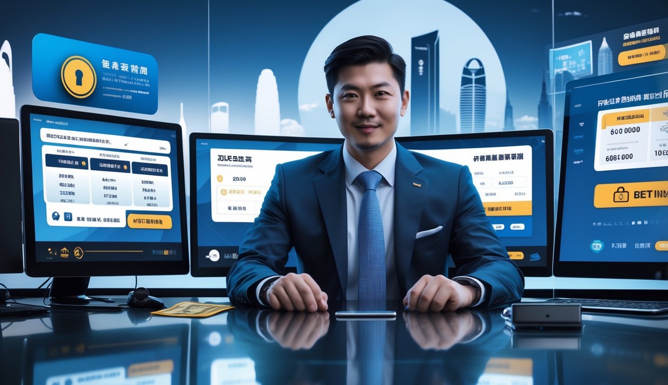 Seorang pria bisnis duduk di meja dengan beberapa layar komputer menampilkan antarmuka taruhan online dan konfirmasi pembayaran yang aman, dengan latar belakang siluet kota Macau.