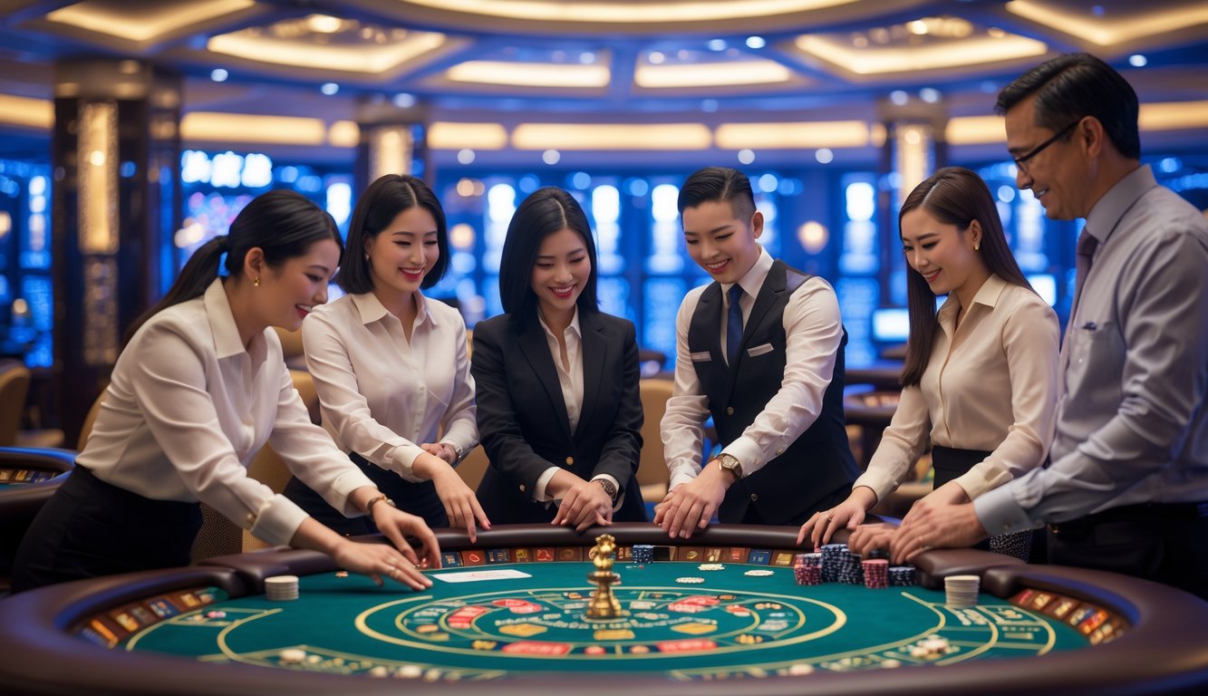 Suasana kasino di Macau dengan pemain dan dealer yang ramah di meja permainan, latar belakang menampilkan pemandangan kota Macau.