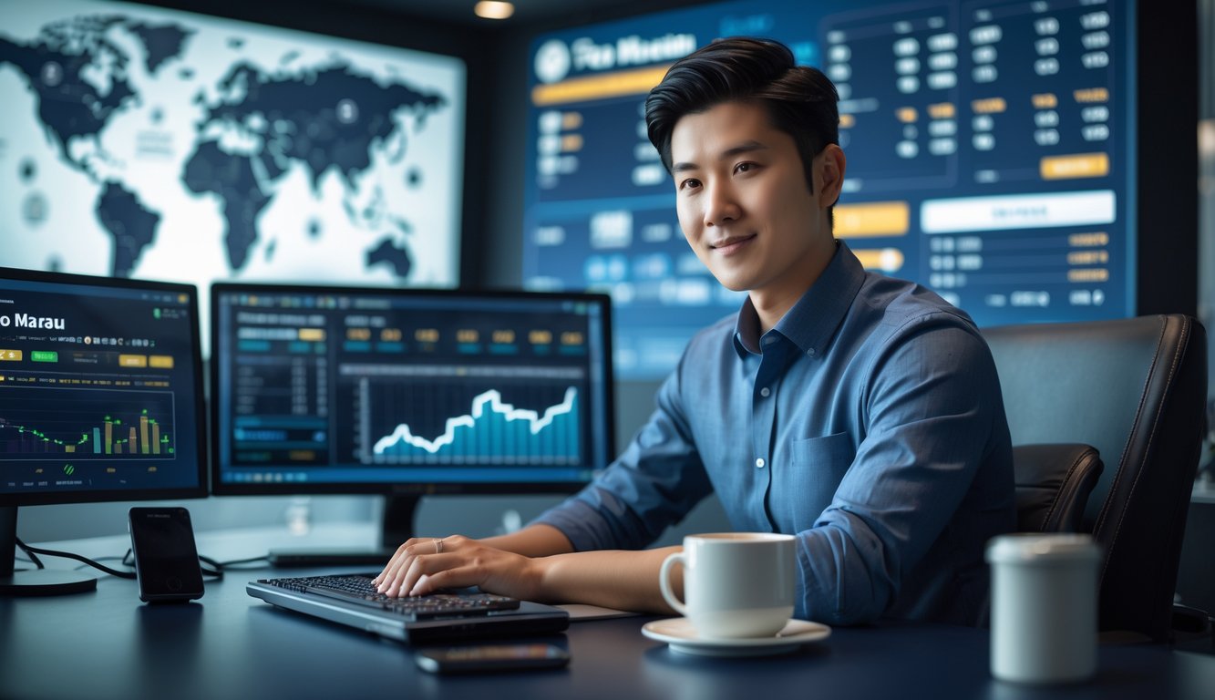 Seorang pria muda duduk di meja kantor dengan beberapa layar komputer yang menampilkan data terkait taruhan Toto Macau, di latar belakang terdapat peta dunia yang menyoroti Macau.