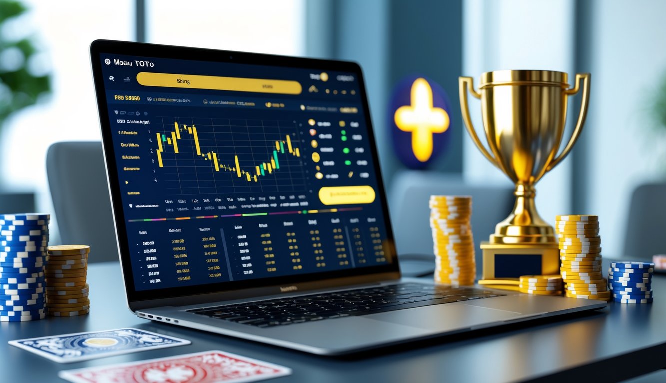 Sebuah meja kerja dengan komputer yang menampilkan antarmuka taruhan online, dikelilingi oleh simbol keamanan dan hadiah, menggambarkan lingkungan taruhan Macau Toto yang terpercaya.
