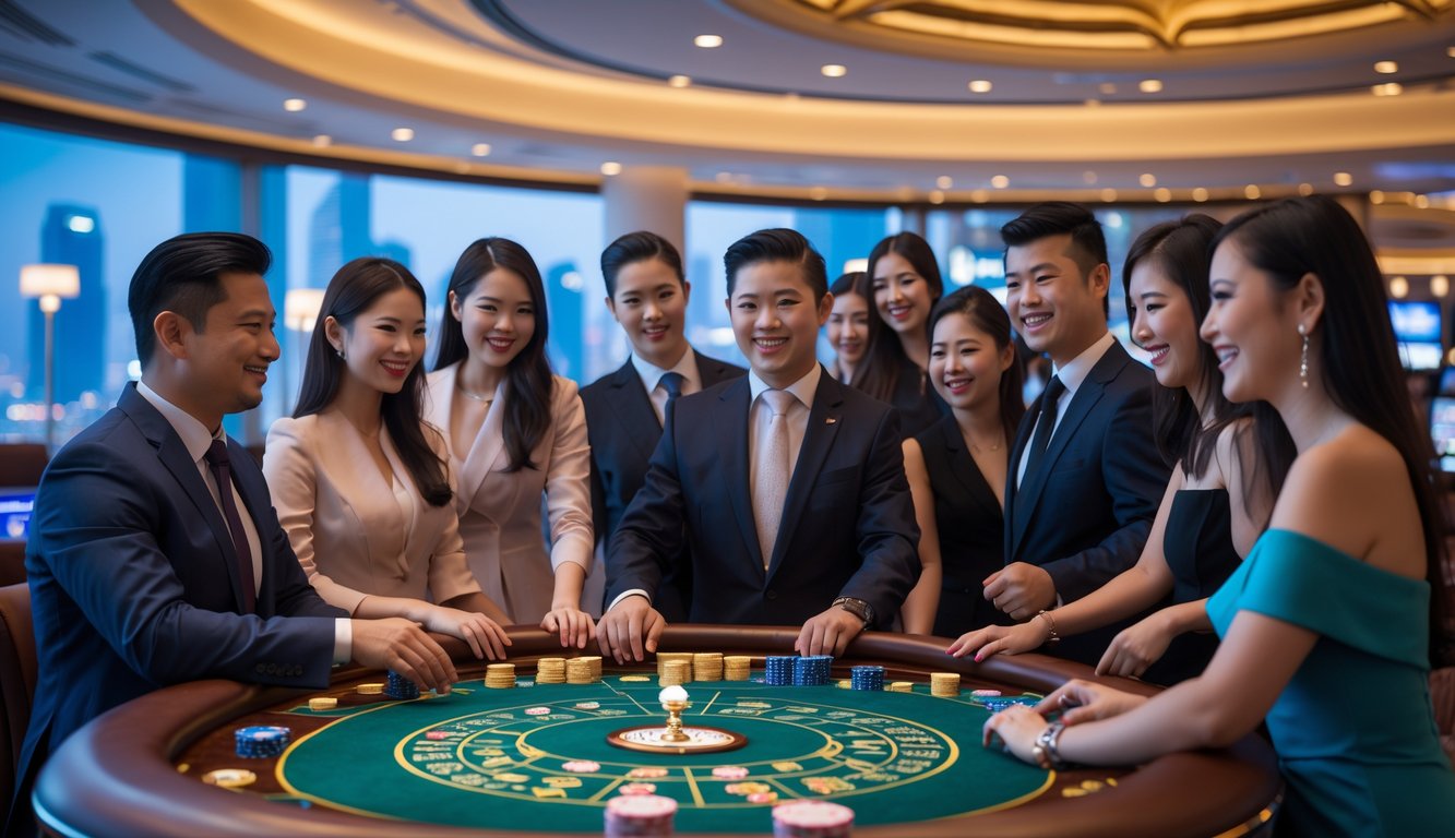 Orang-orang yang sedang bermain di sebuah kasino mewah di Macau dengan pemandangan kota di latar belakang.