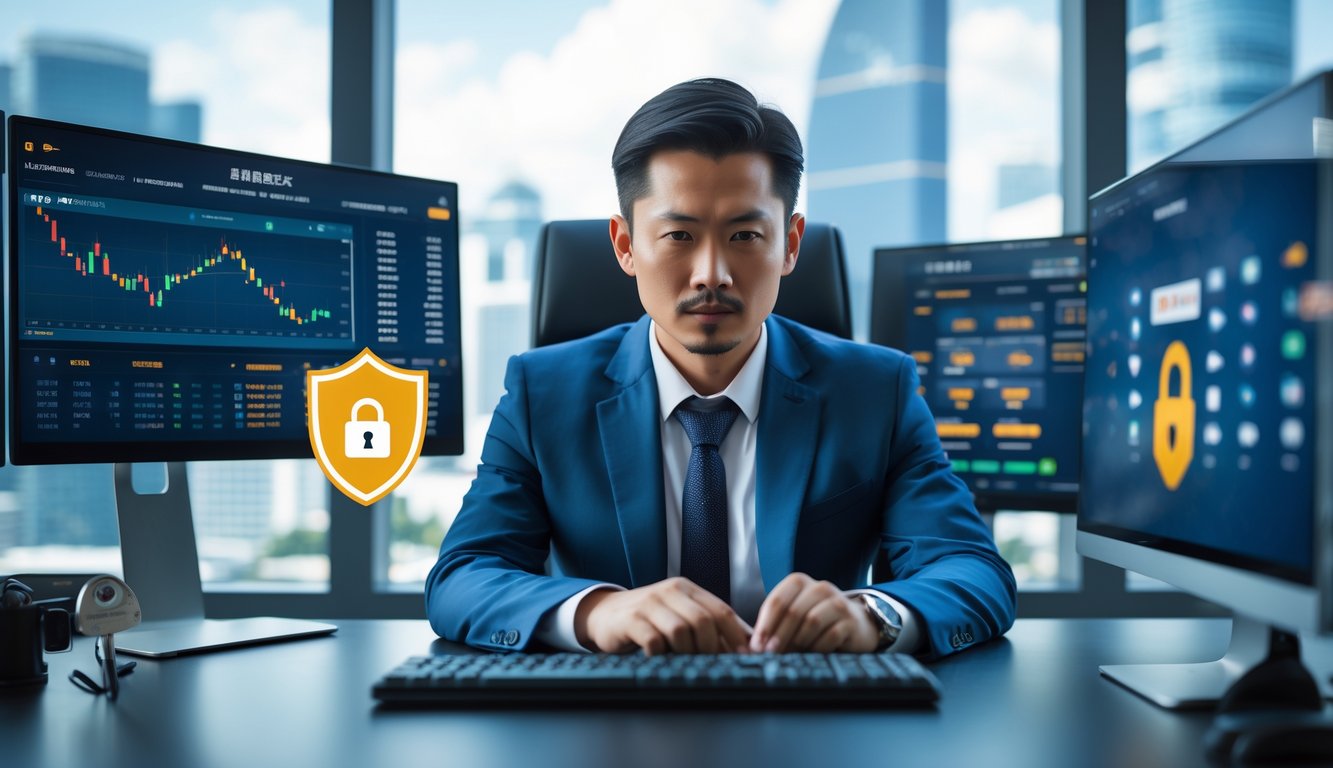 Seorang pria bisnis Asia Tenggara duduk di meja kantor modern dengan beberapa layar komputer menampilkan data dan grafik, tampak fokus menganalisis informasi terkait taruhan online.