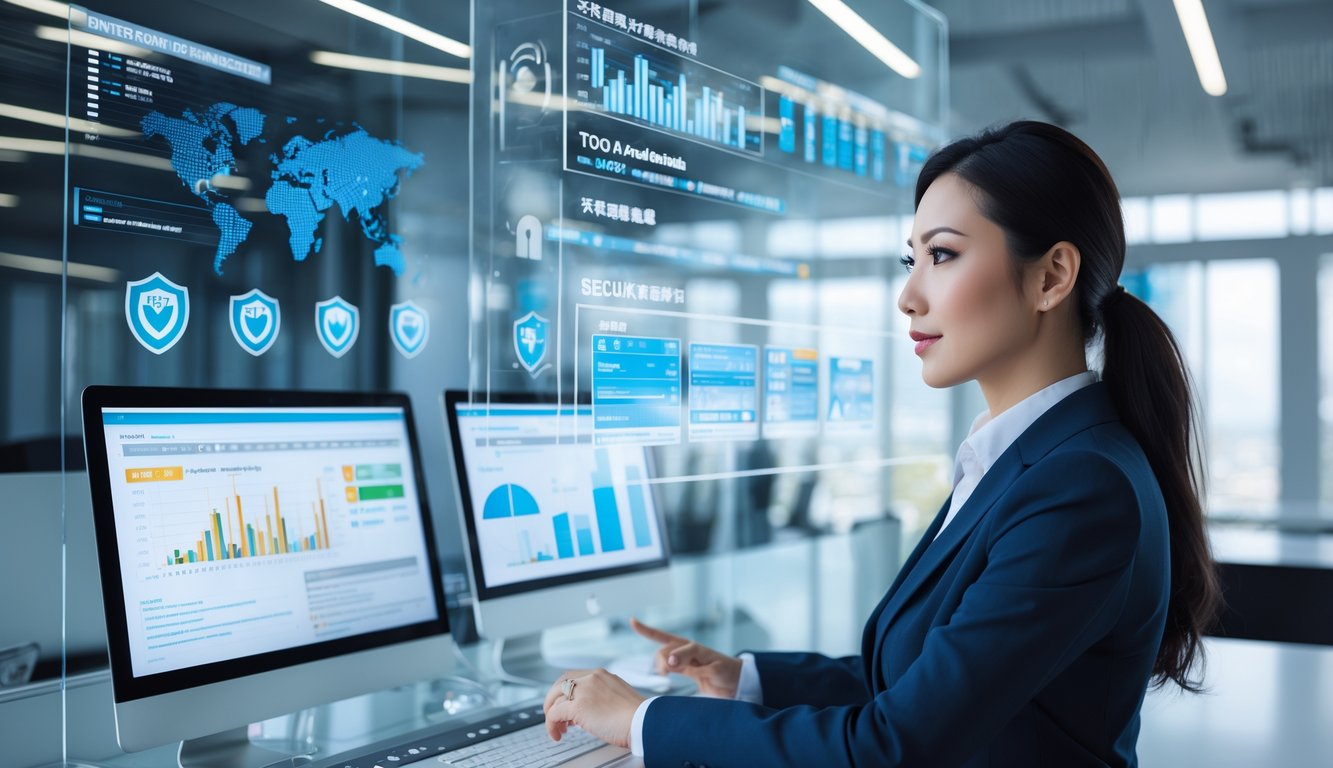 Seorang wanita bisnis Asia yang percaya diri sedang menganalisis data di layar digital di kantor modern.