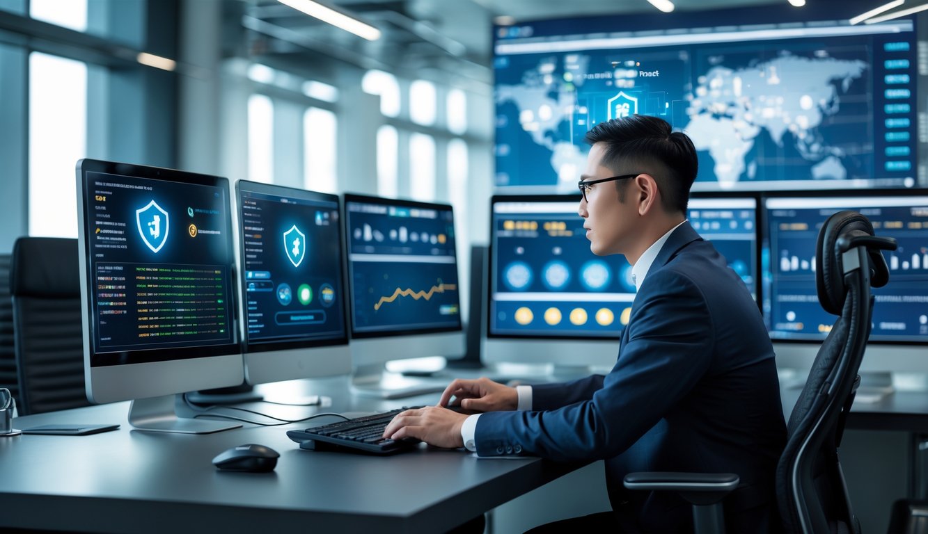 Seorang profesional di kantor modern menggunakan beberapa layar komputer yang menampilkan antarmuka digital terkait sistem taruhan Toto Macau yang aman dan terbaru.