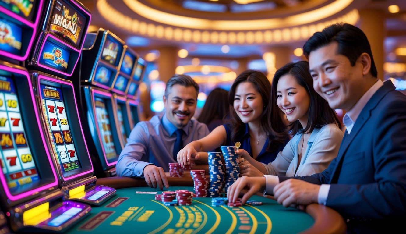 Orang-orang sedang bermain di kasino Macau yang modern dengan mesin slot dan meja permainan.
