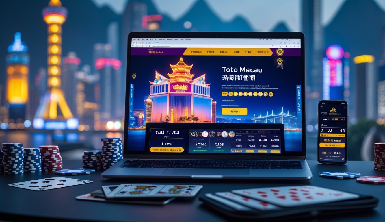 Sebuah meja kerja dengan laptop menampilkan situs permainan Toto Macau dan aksesori judi seperti chip poker dan kartu remi, dengan latar belakang gedung dan menara Macau.