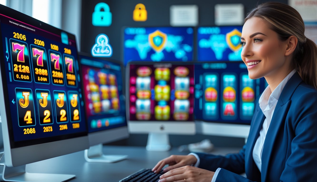 Seorang agen judi slot online yang percaya diri duduk di depan komputer dengan tampilan mesin slot dan angka jackpot di layar, di kantor modern yang rapi.