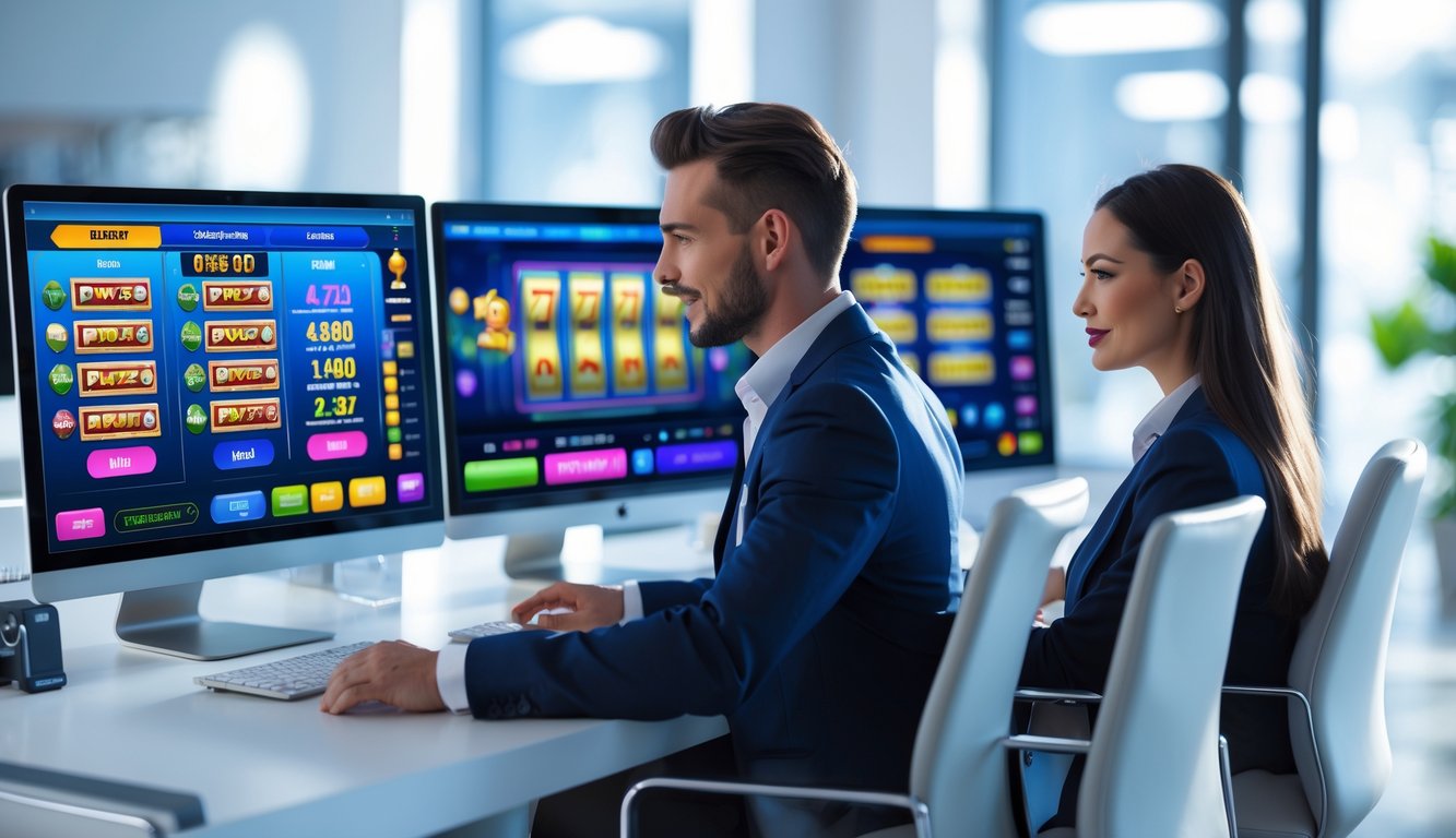 Dua orang profesional sedang bekerja di depan komputer dengan tampilan permainan slot online di layar di sebuah kantor modern.