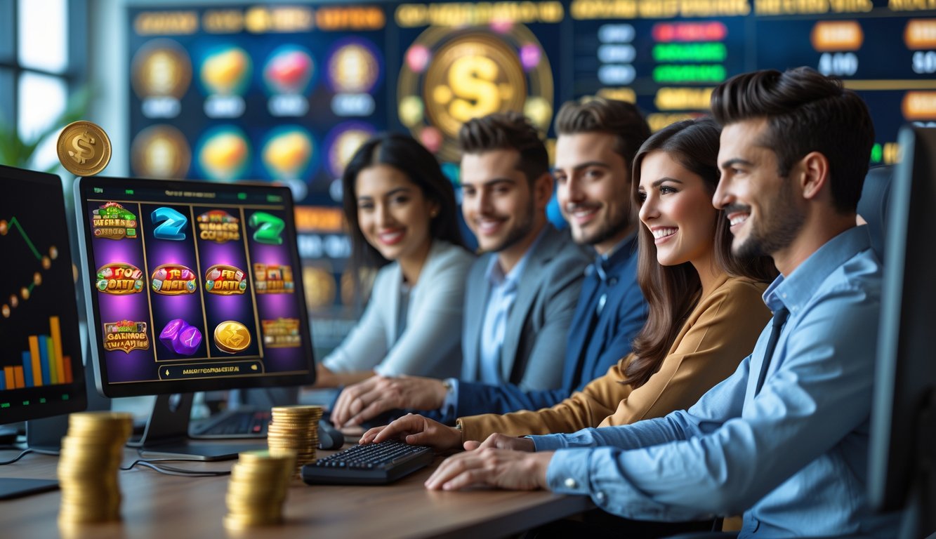 Sekelompok orang bekerja di kantor modern dengan layar komputer yang menampilkan permainan slot online dan grafik bonus.