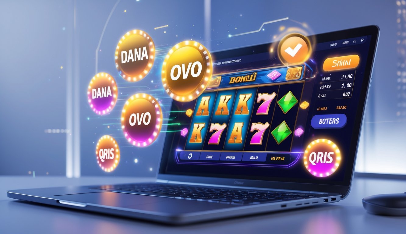 Seseorang menggunakan perangkat digital dengan tampilan permainan slot online dan ikon pembayaran digital Dana, OVO, serta QRIS di sekitarnya.