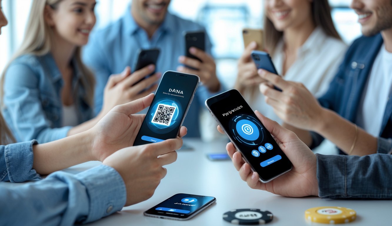 Beberapa orang muda menggunakan ponsel untuk melakukan pembayaran digital dengan metode Dana, OVO, dan QRIS dalam suasana modern dan cerah.