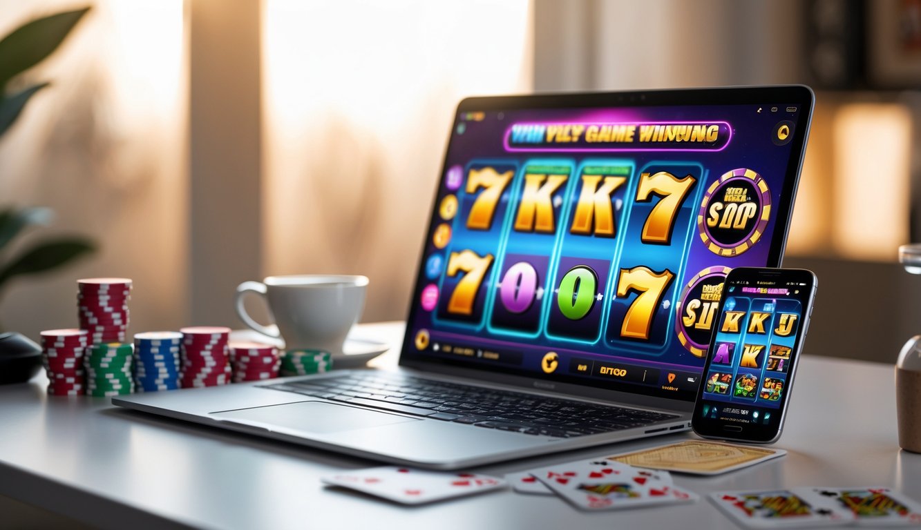 Seorang pengguna bermain permainan slot online di laptop dan ponsel di meja kerja dengan suasana nyaman di latar belakang.