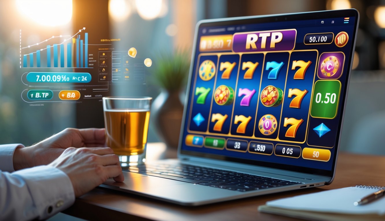 Seorang pemain menggunakan laptop dengan tampilan permainan slot berwarna-warni di layar, di meja terdapat gelas kopi dan buku catatan, di latar belakang suasana ruangan yang nyaman.