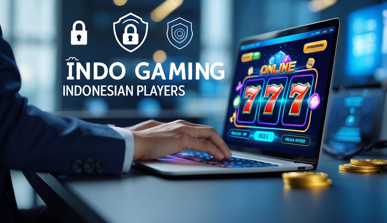 Seseorang menggunakan laptop dengan tampilan permainan slot online yang aman dan legal di lingkungan kerja modern.