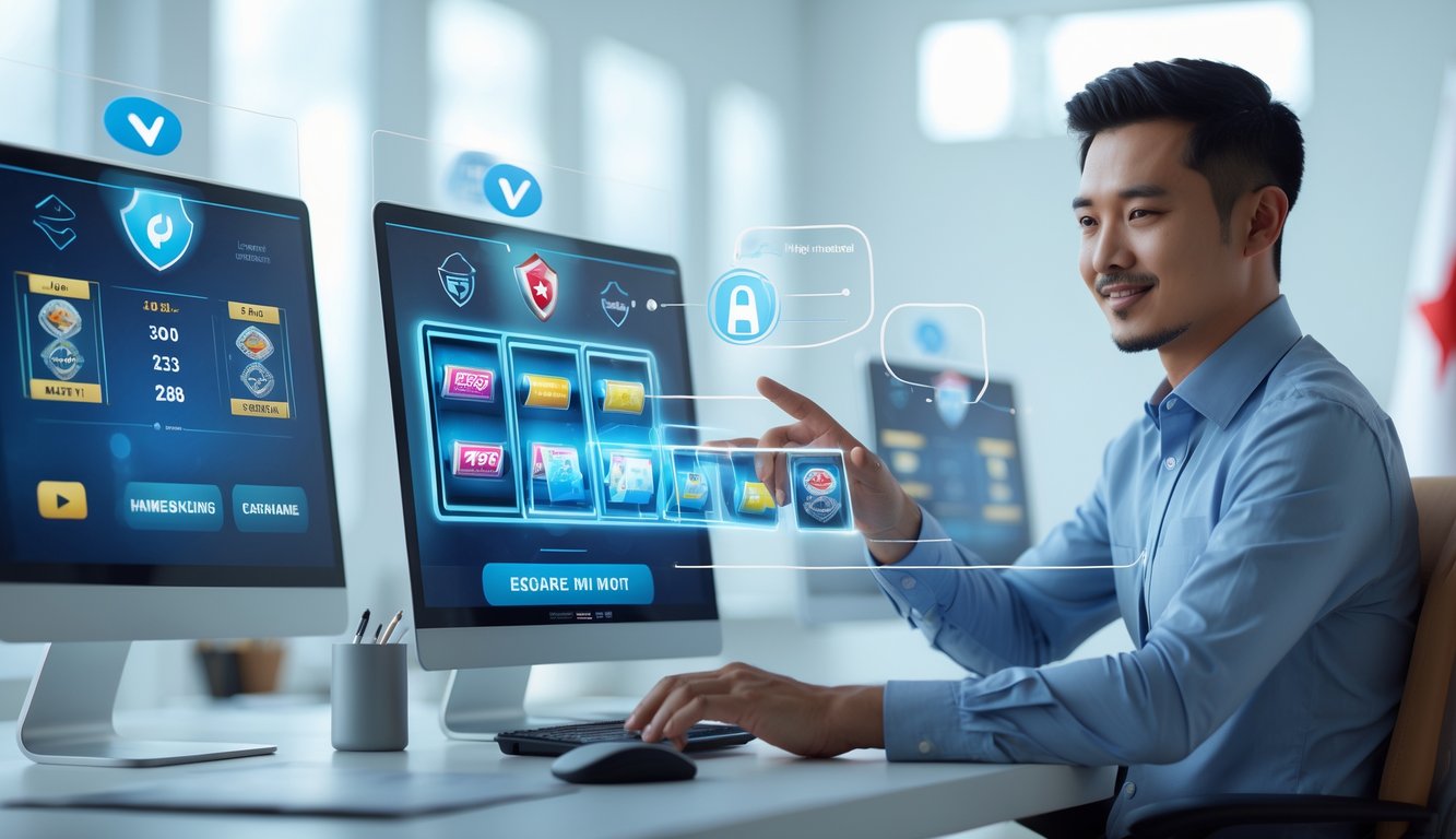 Seorang pria Asia Tenggara sedang menggunakan komputer dengan layar digital yang menampilkan permainan slot dan simbol keamanan di sebuah kantor modern.