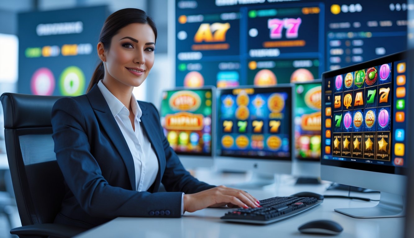 Seorang profesional duduk di depan beberapa layar komputer yang menampilkan permainan slot online, di sebuah kantor modern dengan pencahayaan lembut.