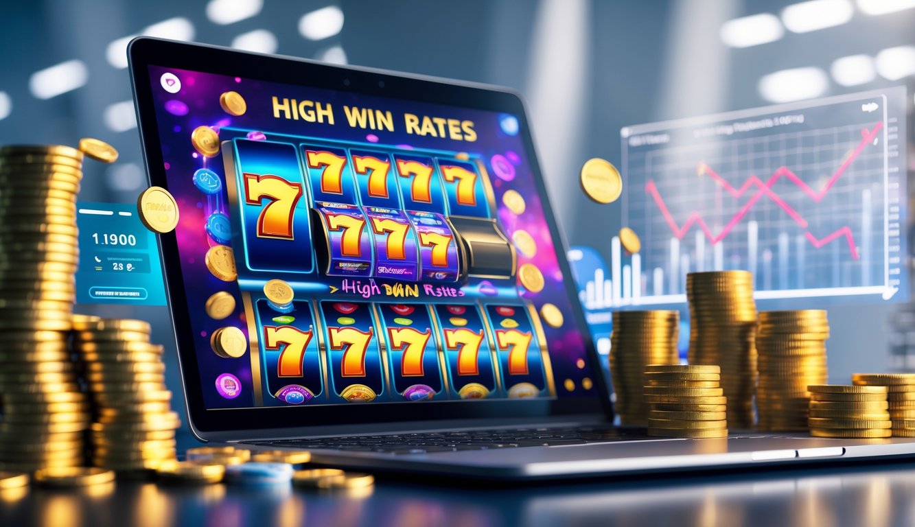 Seorang pemain sedang menggunakan komputer dengan layar menampilkan permainan slot online penuh warna, dikelilingi oleh tumpukan koin emas dan chip kasino.