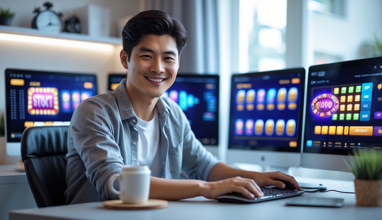 Seorang pria muda tersenyum duduk di depan komputer dengan layar permainan slot online di ruang kerja modern.
