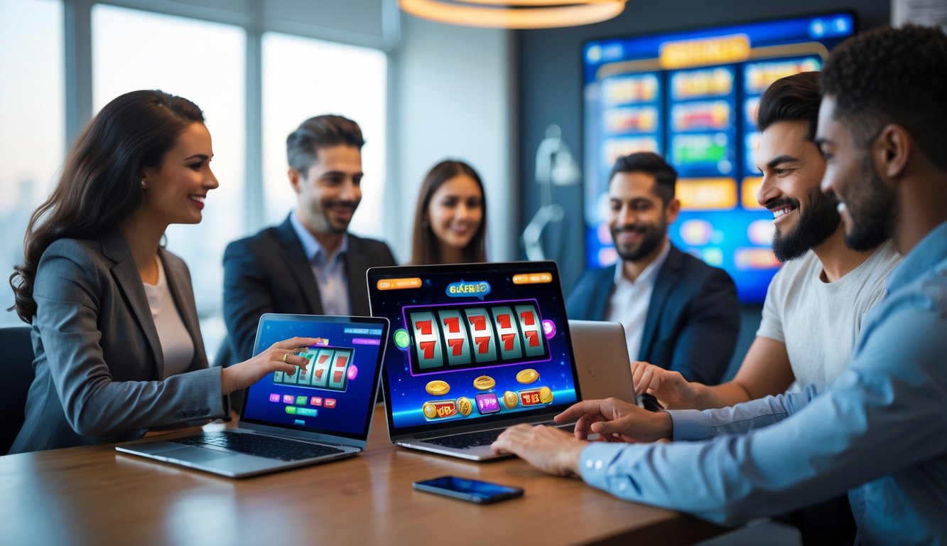 Sekelompok orang menggunakan perangkat digital untuk bermain slot online dengan suasana yang nyaman dan profesional.