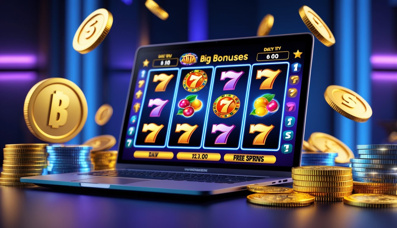 Sebuah laptop menampilkan permainan slot online dengan simbol warna-warni dan koin emas di sekitarnya di dalam ruangan dengan pencahayaan biru dan ungu.
