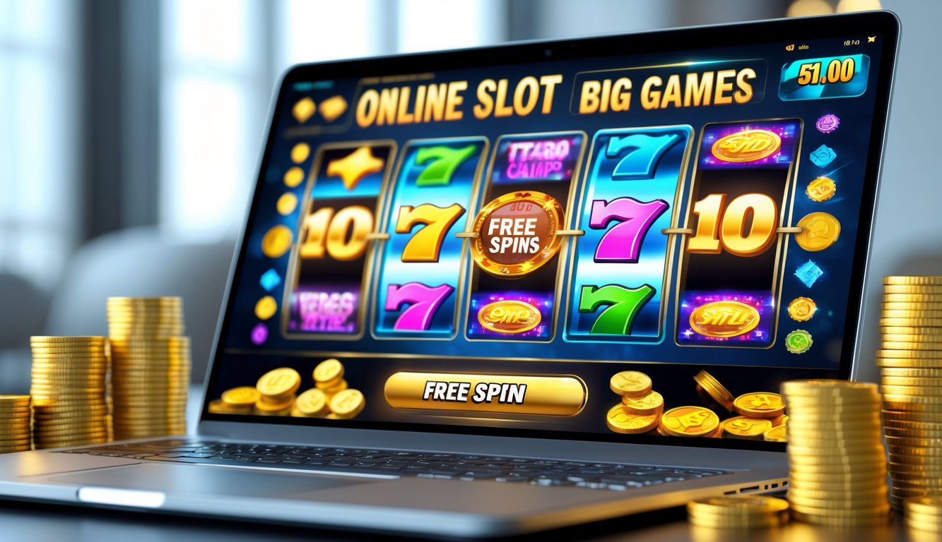 Sebuah layar komputer menampilkan permainan slot online dengan simbol bonus dan koin emas di sekitarnya.
