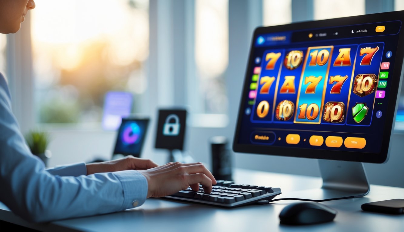 Seorang pengguna sedang bermain permainan slot online di komputer dengan tampilan layar penuh warna dan suasana ruangan yang terang serta rapi.
