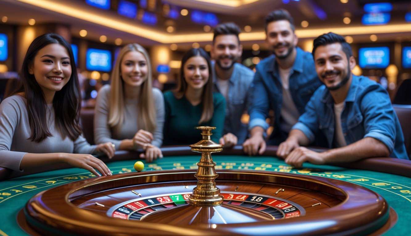 Meja roulette kasino langsung dengan pemain yang fokus dan ramah di lingkungan kasino yang mewah.