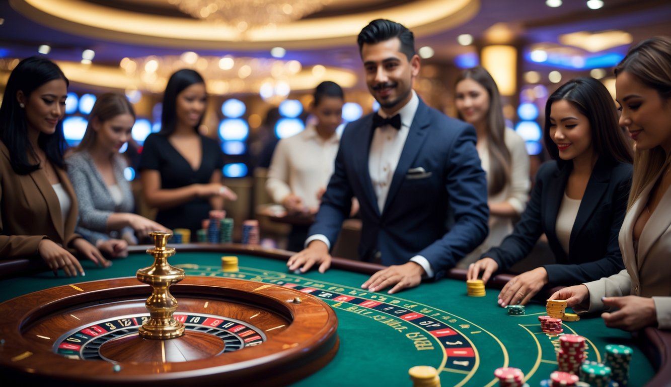 Meja roulette di kasino langsung dengan pemain dan dealer yang sedang bermain.