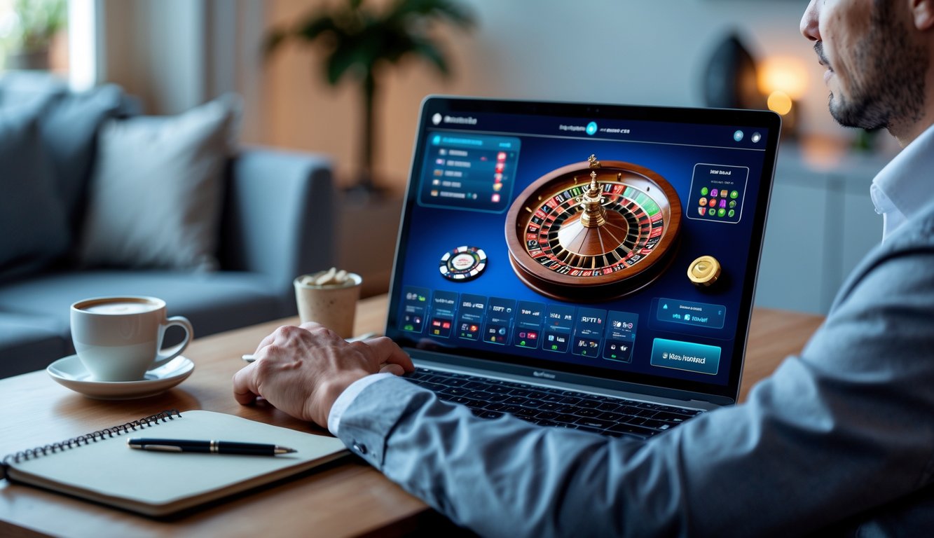 Seseorang sedang bermain roulette online di laptop di ruang kerja yang nyaman dengan suasana tenang dan fokus.