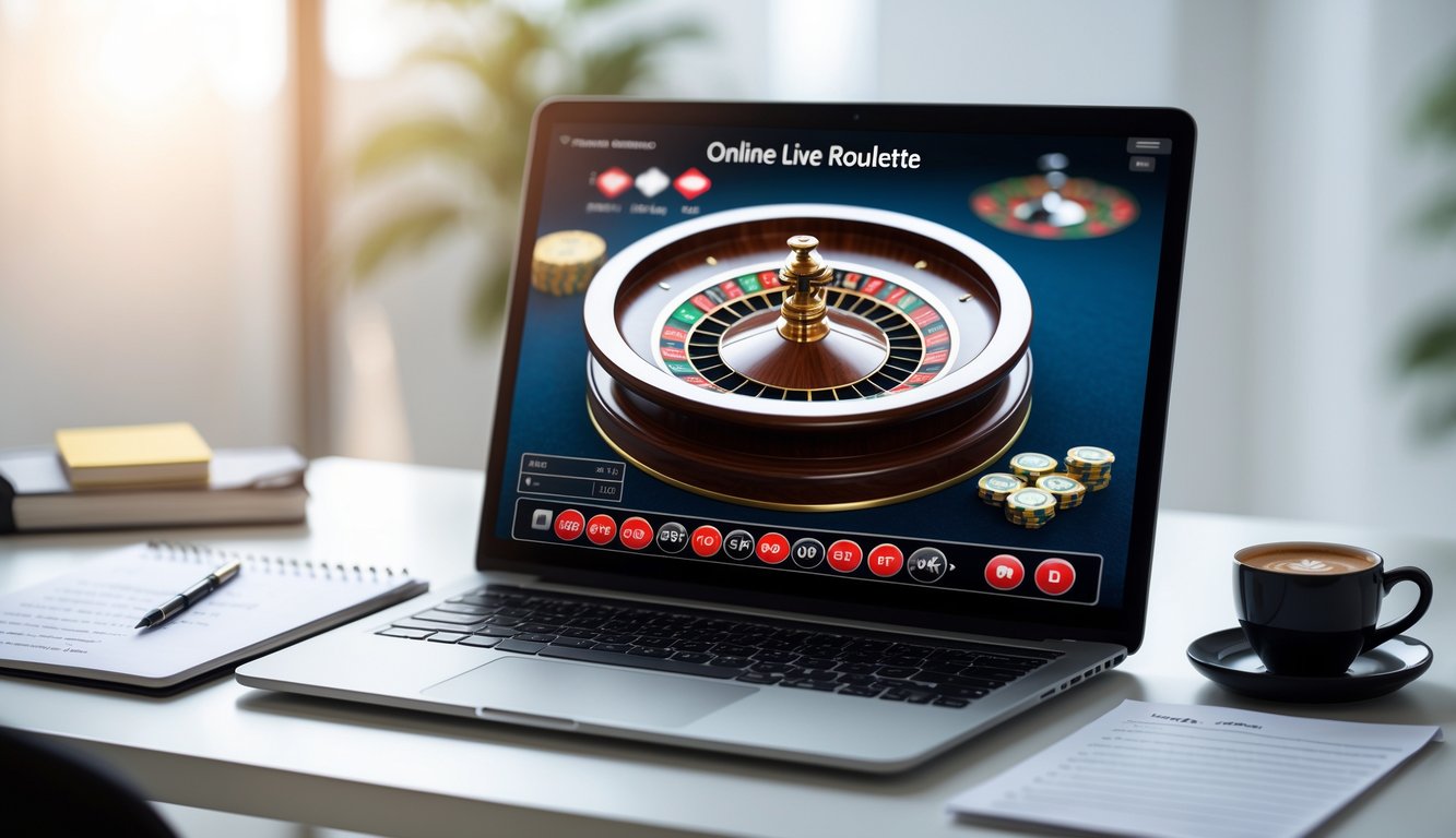 Seorang pemain sedang menggunakan komputer dengan tampilan roda roulette hidup di layar, di meja terdapat catatan dan pena.