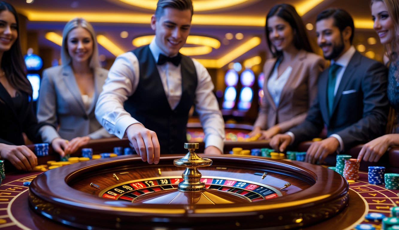 Seorang croupier sedang memutar roda roulette di meja kasino dengan pemain yang menaruh chip taruhan di sekitarnya.
