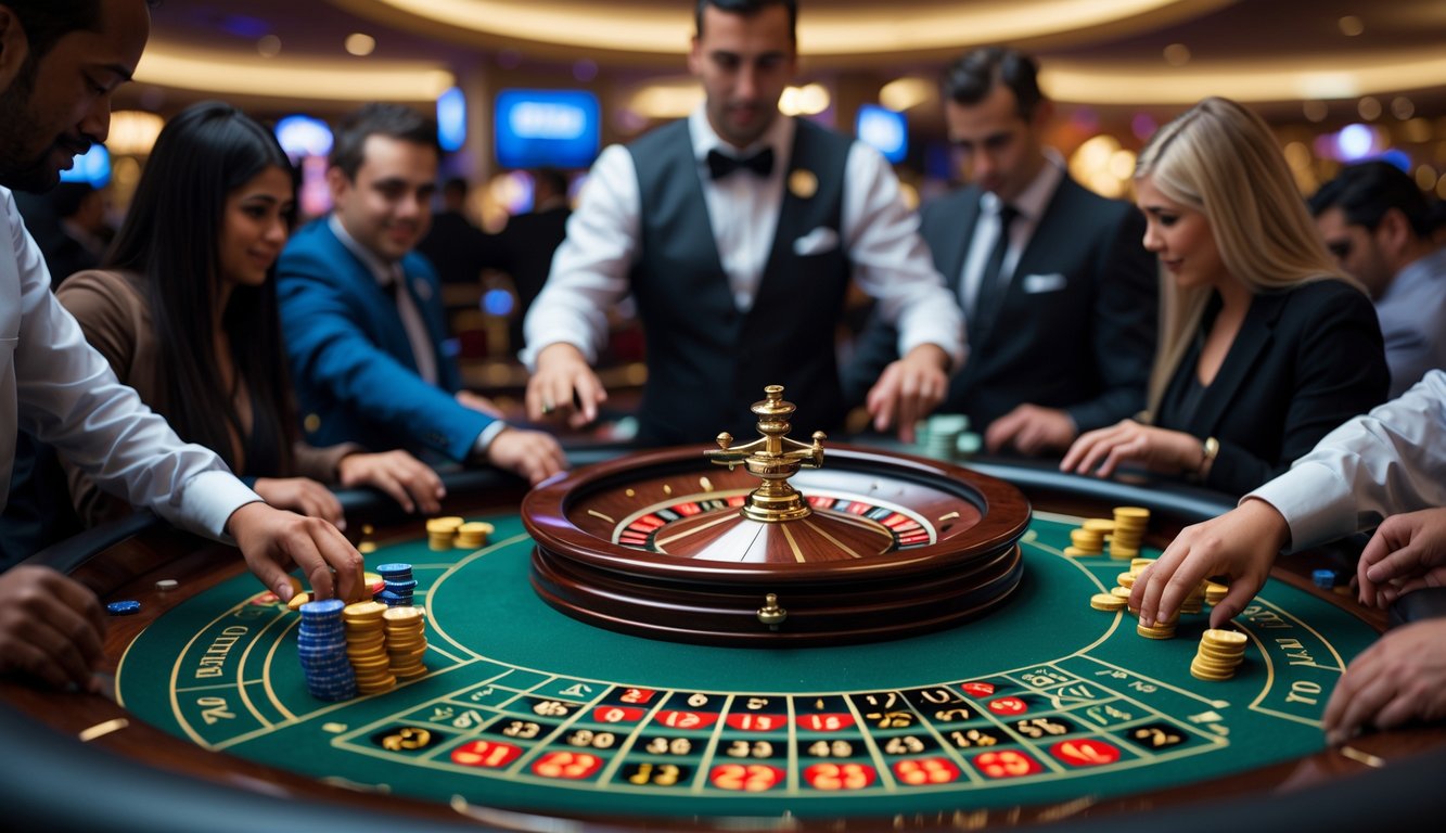 Meja roulette live di kasino dengan pemain yang sedang memasang taruhan dan dealer yang mengelola permainan.