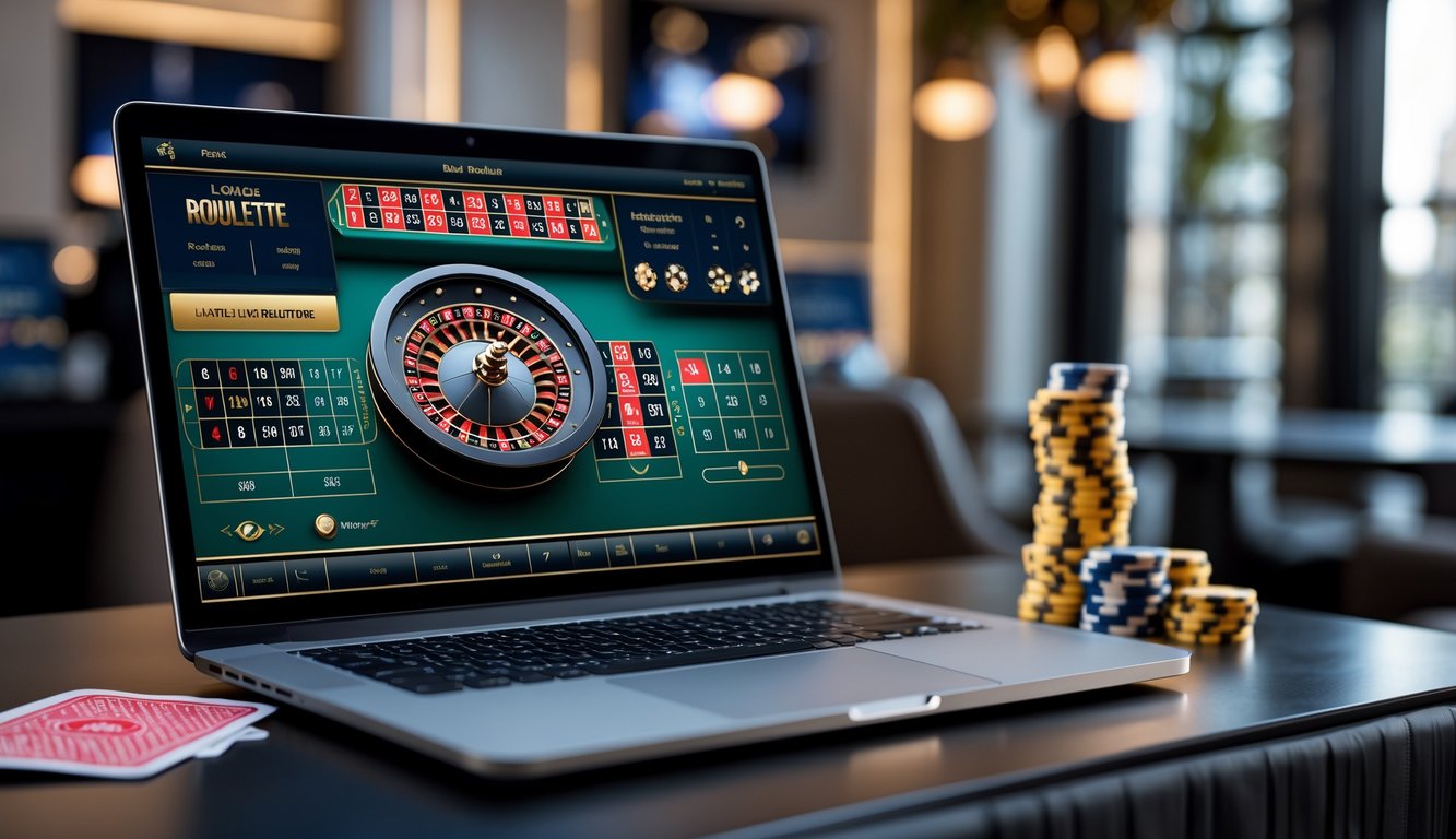Seseorang sedang bermain roulette langsung secara online di komputer dengan latar belakang ruangan modern dan peralatan kasino.