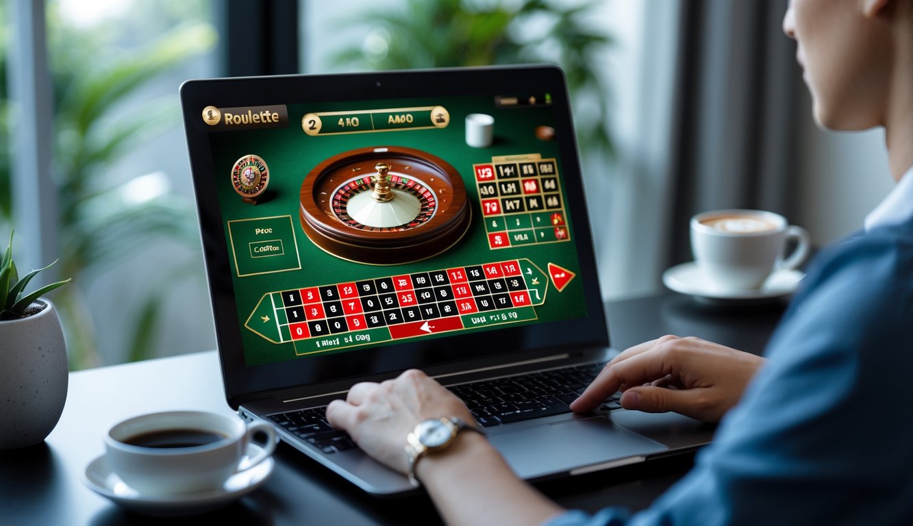 Seseorang menggunakan komputer dengan permainan roulette langsung terlihat di layar dalam suasana ruangan modern.