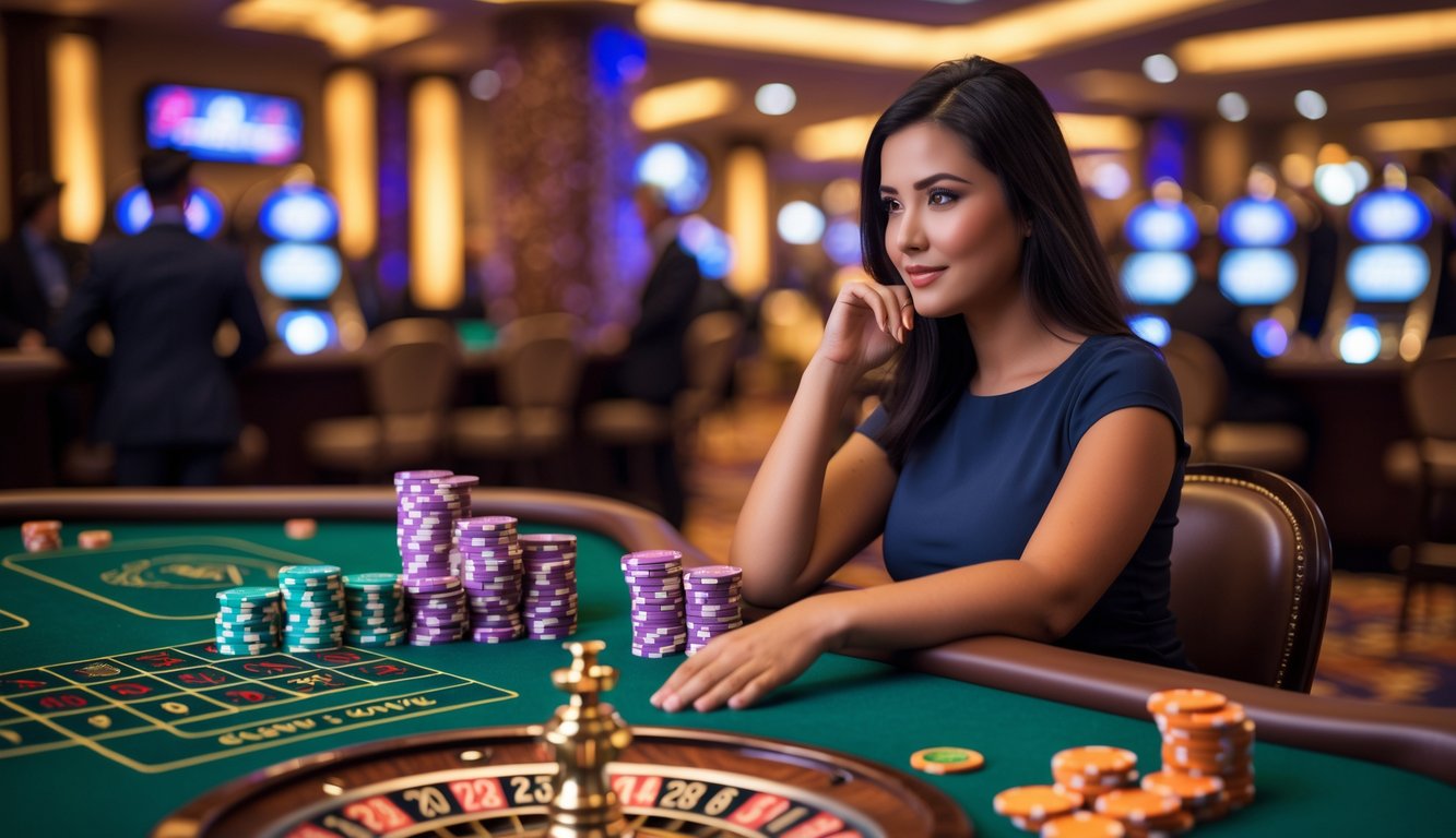 Seorang wanita muda duduk di meja roulette kasino langsung dengan tumpukan chip di depannya, mengamati roda roulette yang berputar di lingkungan kasino yang mewah.