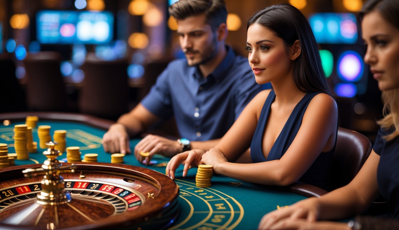 Dua orang dewasa fokus bermain roulette di meja kasino langsung dengan roda roulette yang berputar dan tumpukan chip di atas meja.