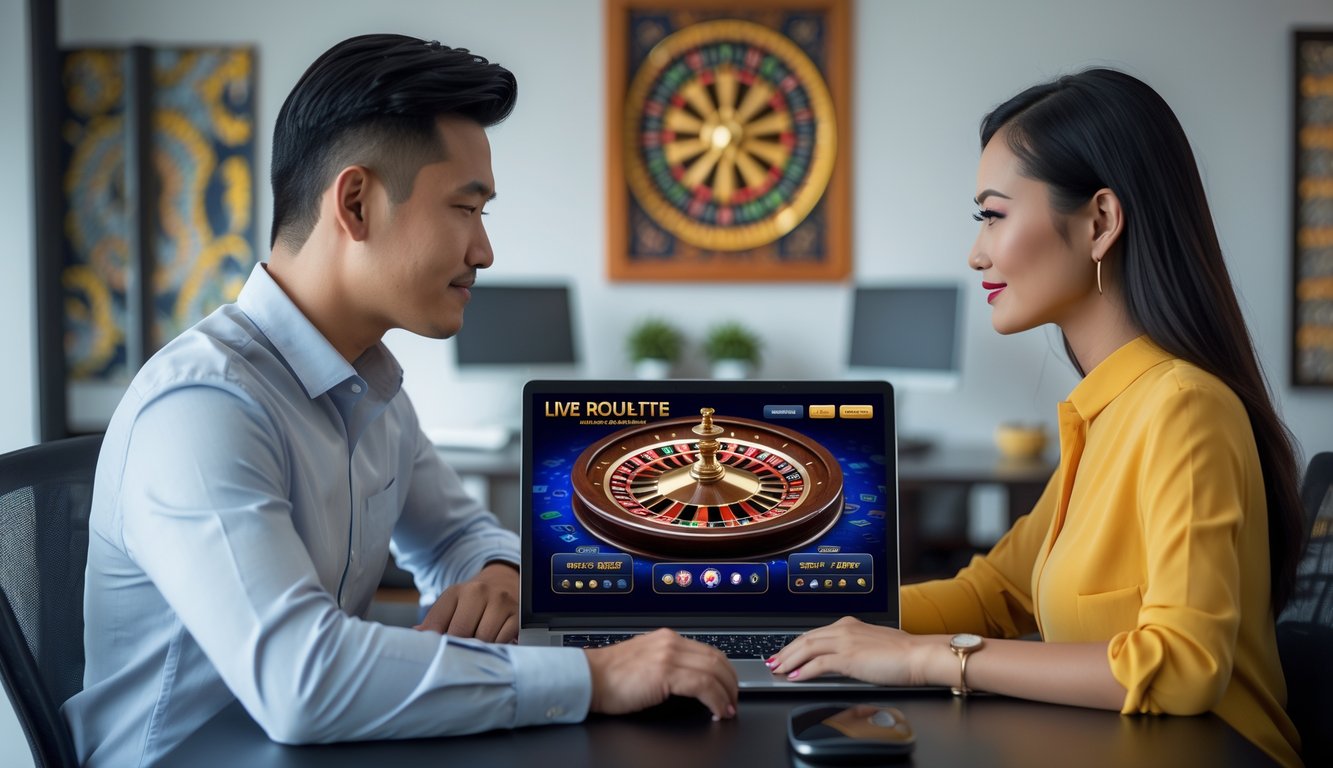 Seorang pria dan wanita duduk bersama di depan laptop yang menampilkan permainan live roulette online, di sebuah ruangan dengan dekorasi khas Indonesia.