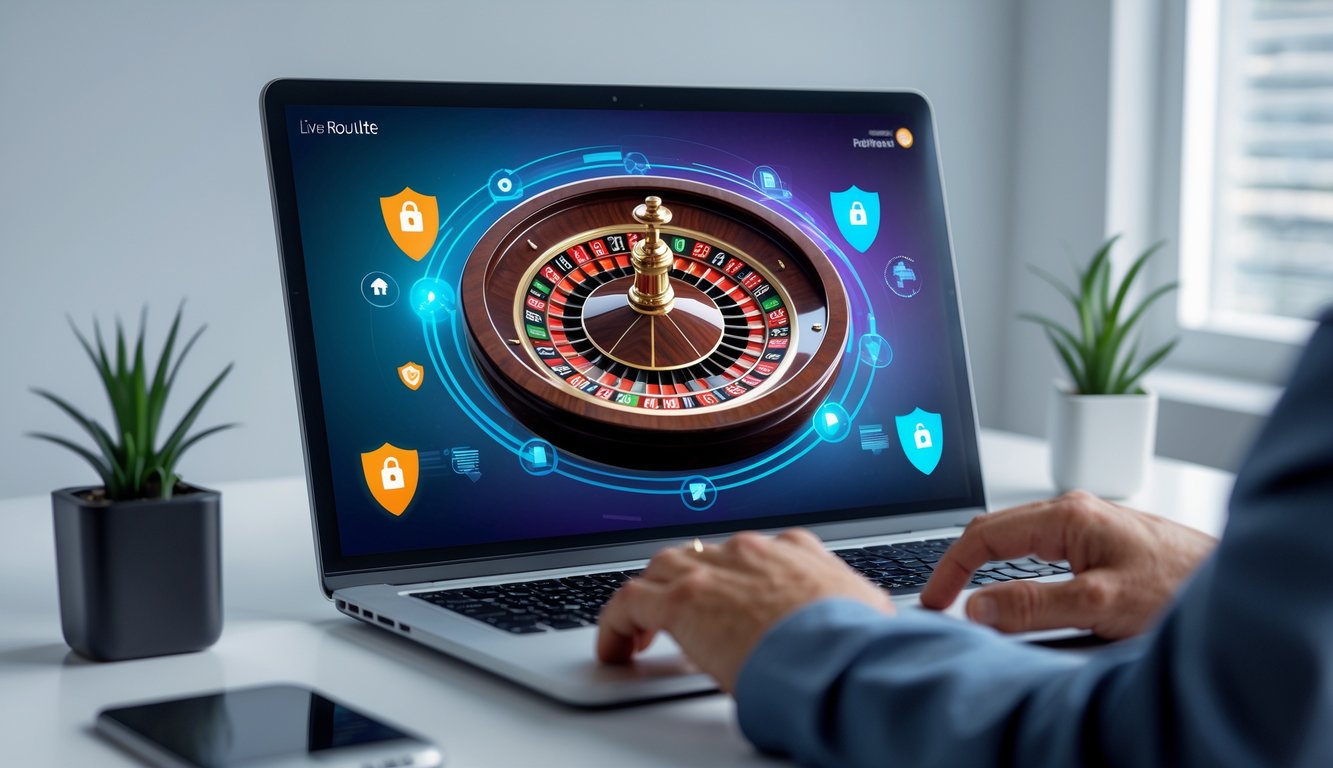 Seseorang menggunakan komputer dengan tampilan roda roulette langsung dan ikon keamanan digital di sekitarnya.