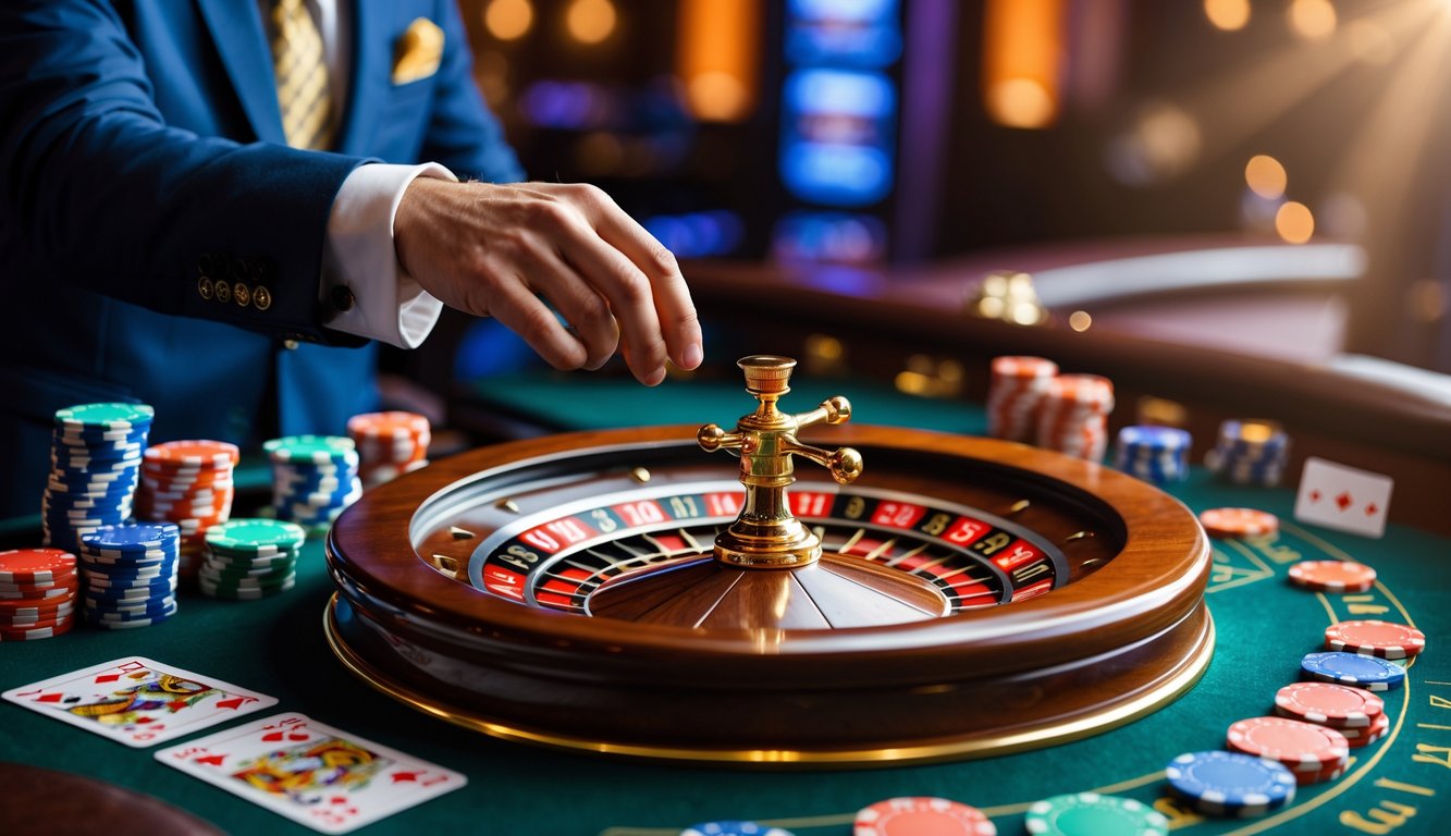 Seorang dealer profesional sedang memutar roda roulette di kasino dengan chip taruhan di meja.