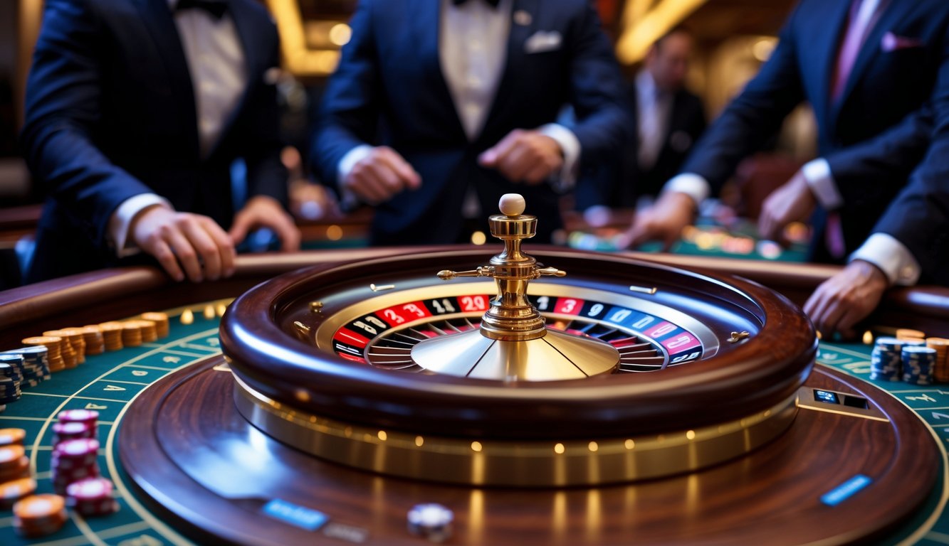 Meja roulette di kasino langsung dengan pemain yang sedang memasang taruhan dan roda roulette yang berputar.
