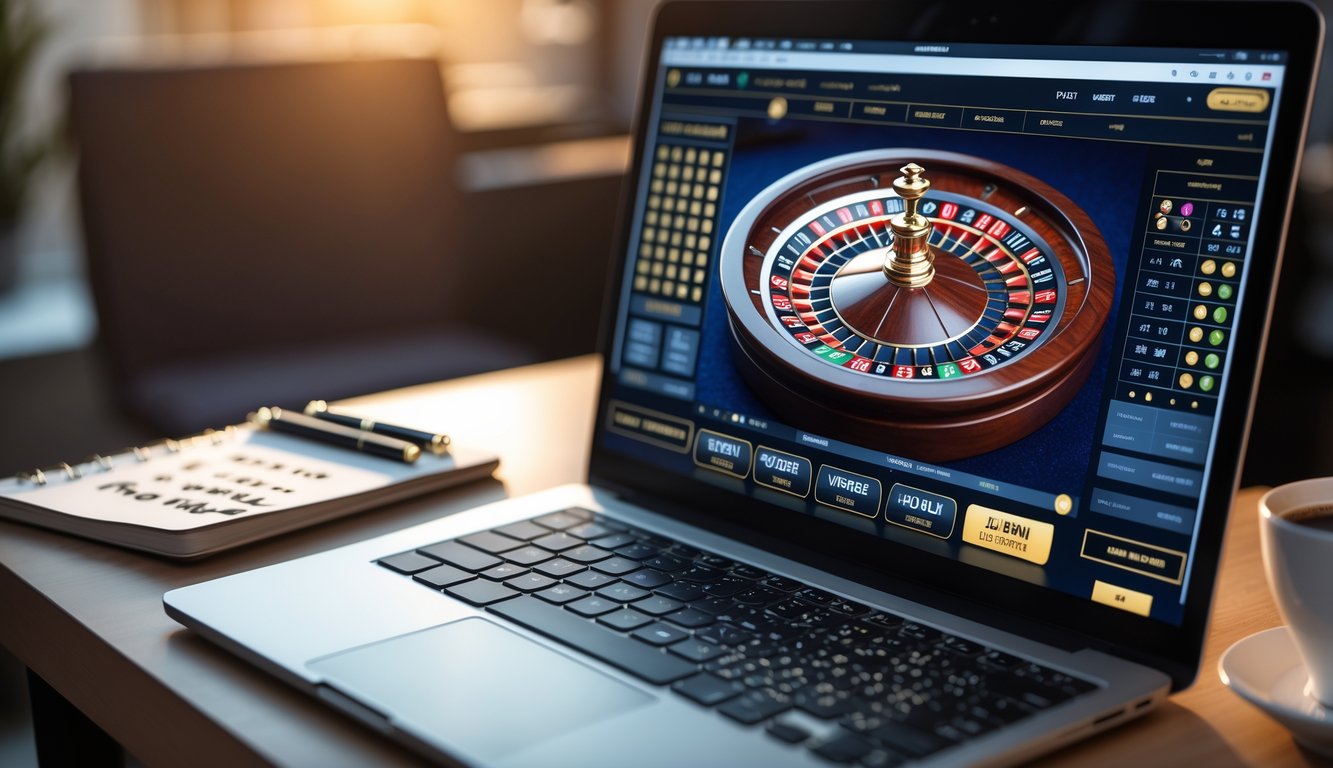 Sebuah meja modern dengan komputer menampilkan permainan roulette langsung, dilengkapi dengan alat tulis dan secangkir kopi.