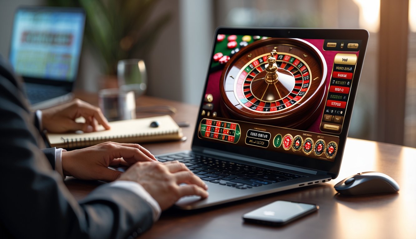 Seseorang sedang bermain roulette online di komputer dengan tampilan roda roulette dan suasana fokus.