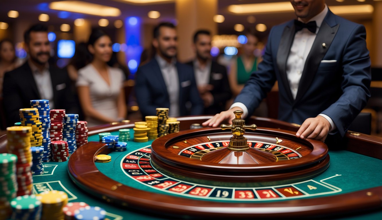 Meja roulette kasino langsung dengan dealer dan pemain yang fokus pada permainan.