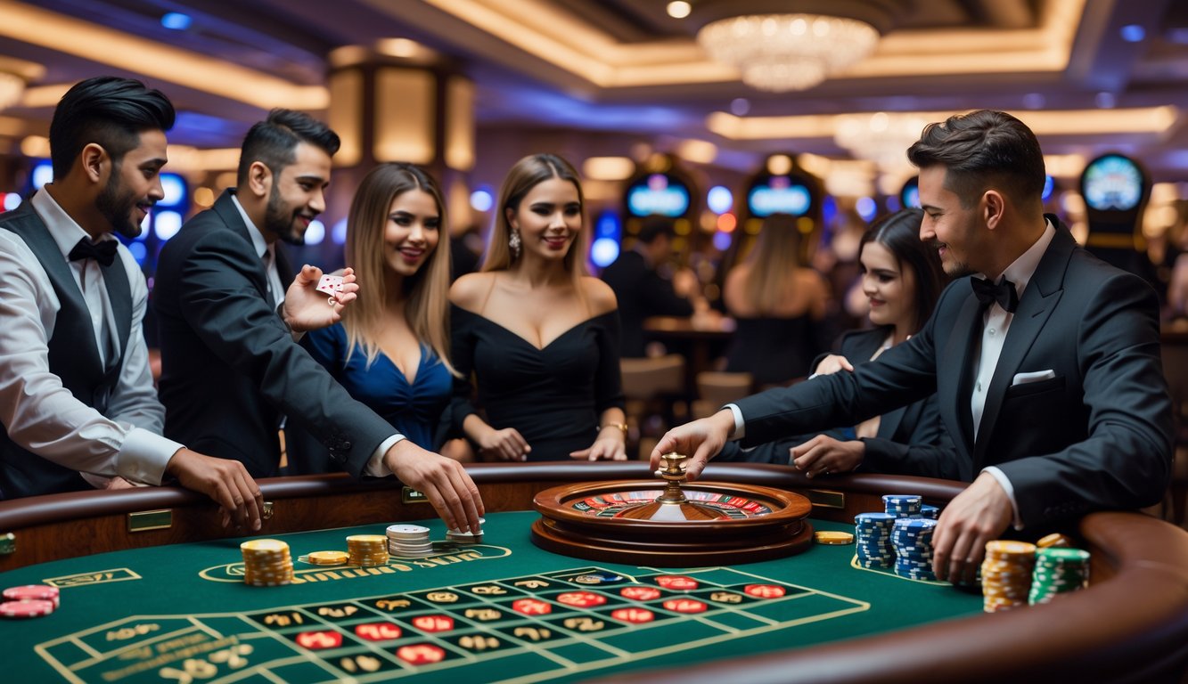 Meja roulette di kasino langsung dengan pemain dan bandar yang sedang bermain, suasana sibuk dan penuh konsentrasi.