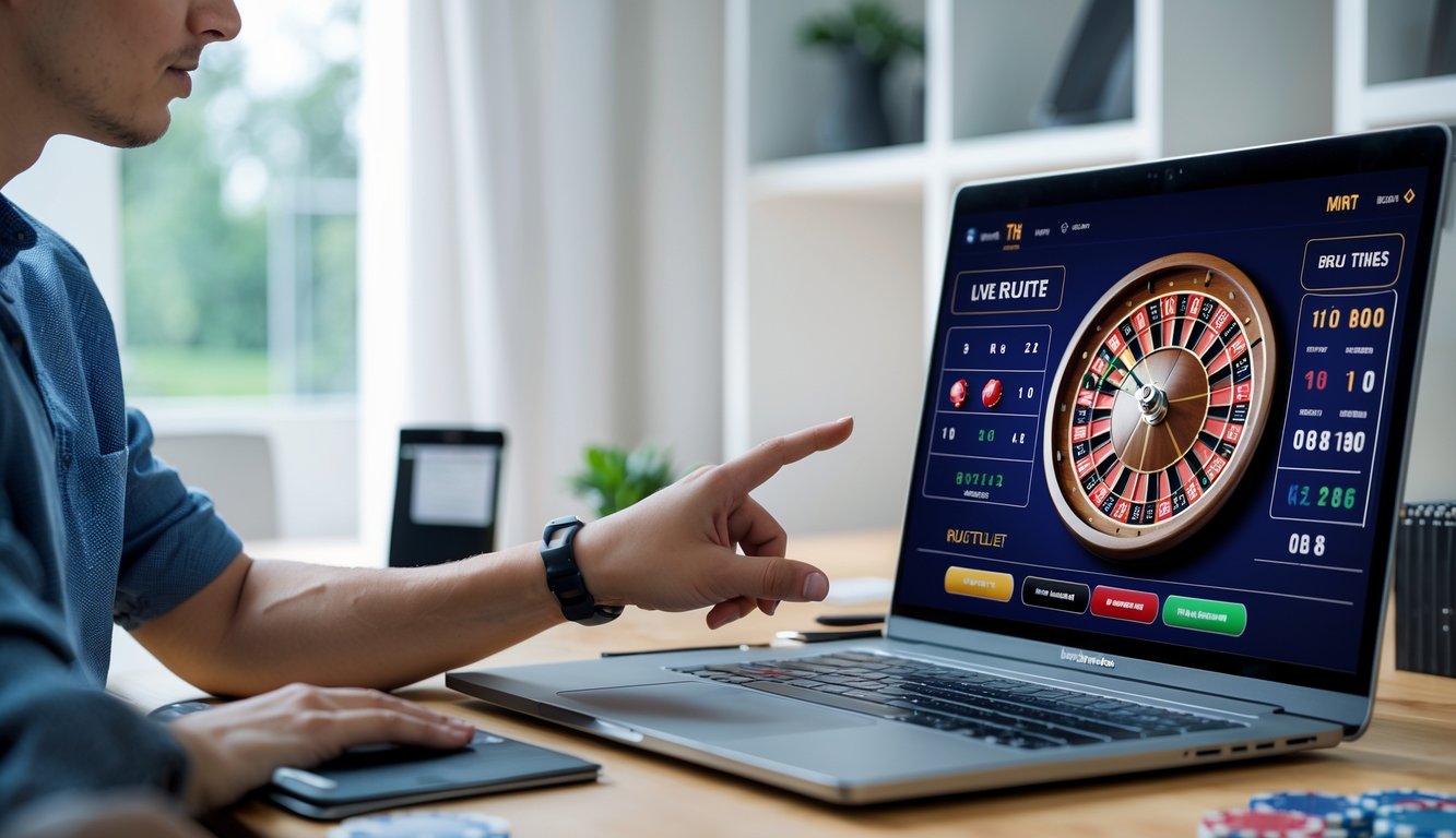 Seseorang sedang belajar bermain roulette online langsung menggunakan komputer di ruang kerja yang rapi dan terang.