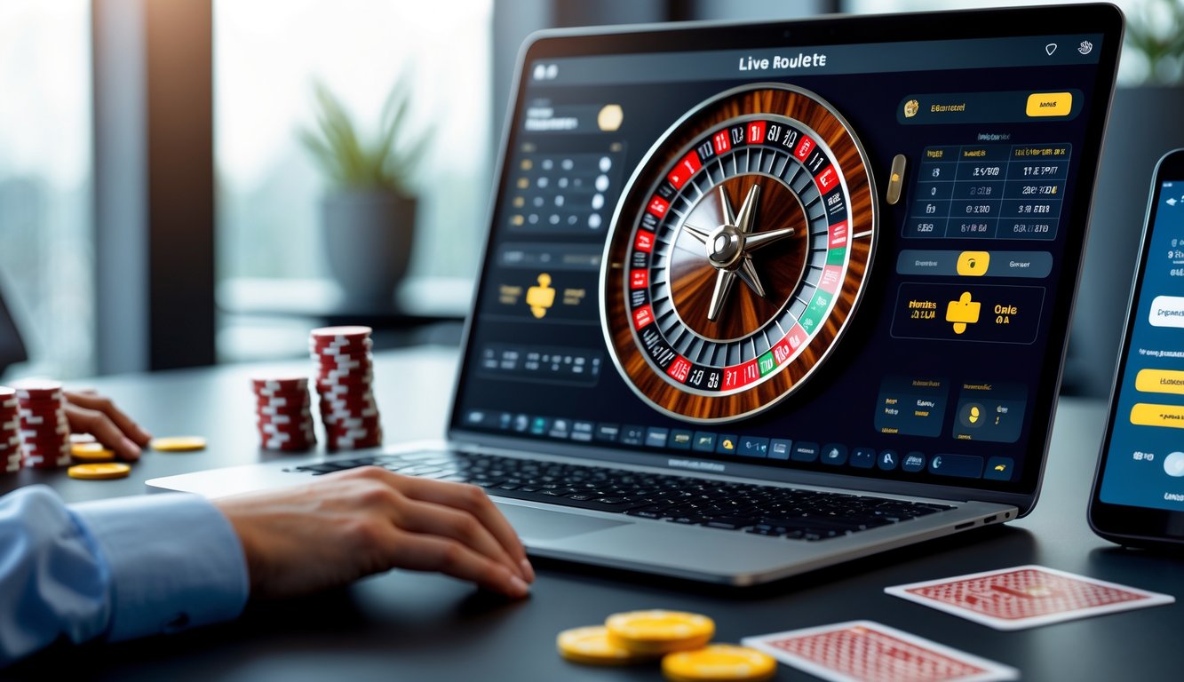 Sebuah meja kerja dengan komputer yang menampilkan permainan roulette online secara langsung dengan roda roulette dan chip taruhan.