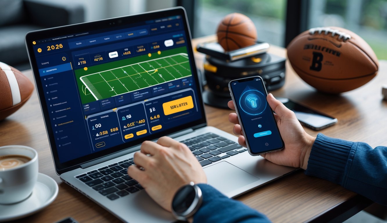 Seorang profesional menggunakan laptop dan ponsel di meja kerja yang rapi dengan perlengkapan olahraga di latar belakang.