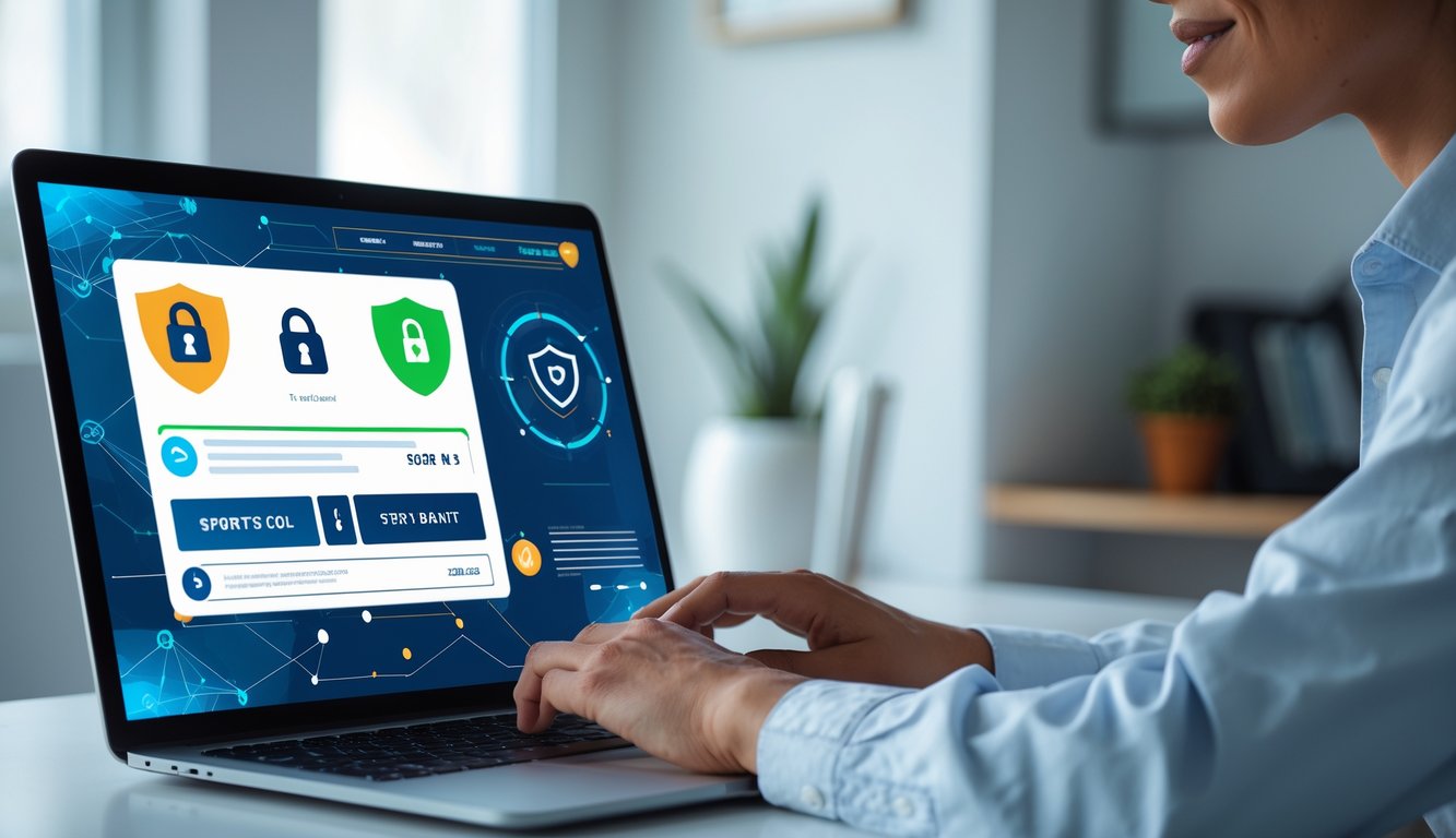 Seseorang menggunakan laptop di ruang kerja yang rapi, meninjau situs taruhan olahraga online dengan simbol keamanan di layar.