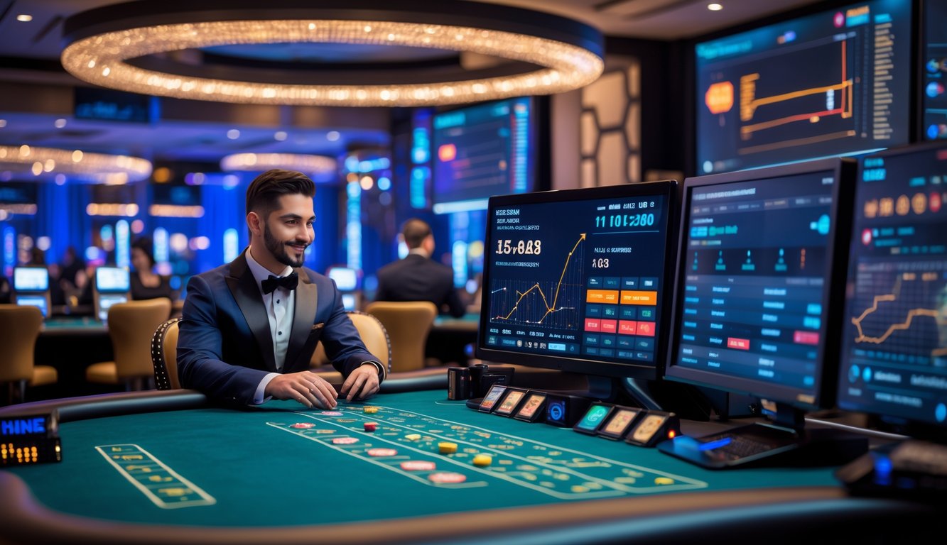 Seorang dealer nyata sedang mengelola permainan kasino langsung dengan layar dan perangkat teknologi yang menunjukkan koneksi server cepat dan stabil.