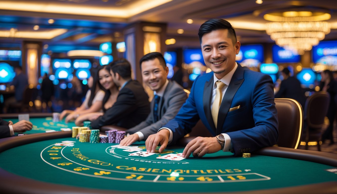 Suasana kasino langsung dengan meja permainan, pemain, dan dealer yang sedang membagikan kartu.